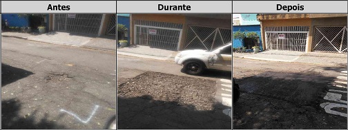 Antes, durante e depois do serviço de Tapa-Buraco na rua Antônio Carlos da Fonseca 